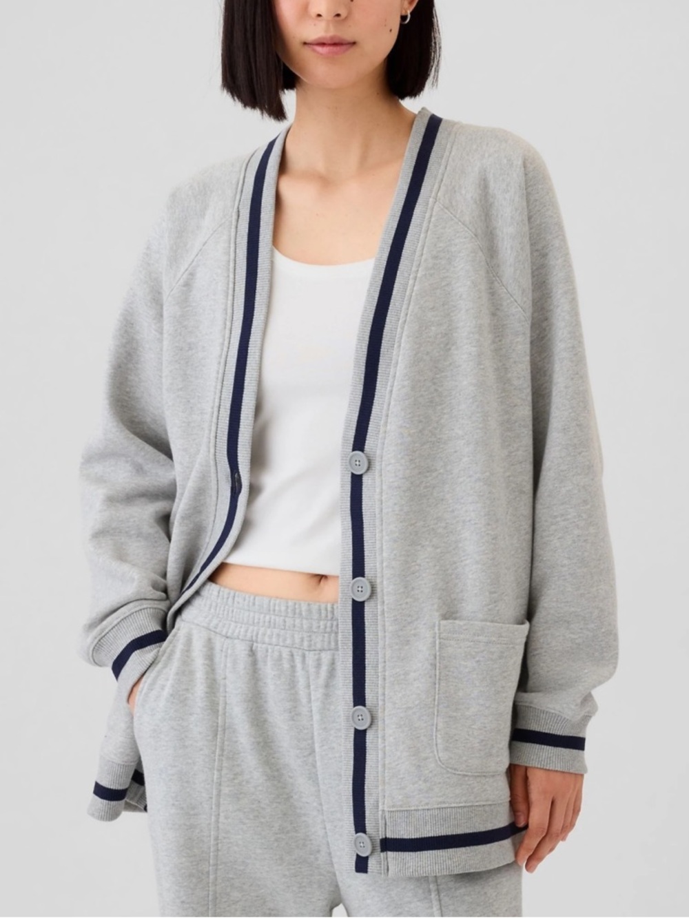 GAP Heather Gray Button-Front Women's Varsity Cardigan with Navy Trim XS
